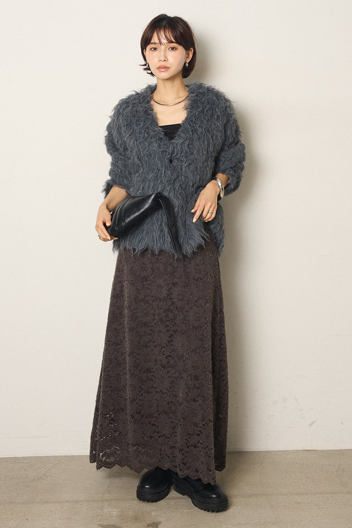 [SET]起毛シャギーニットカーディガン+花柄刺繍ベロアフレアスカート(2set)