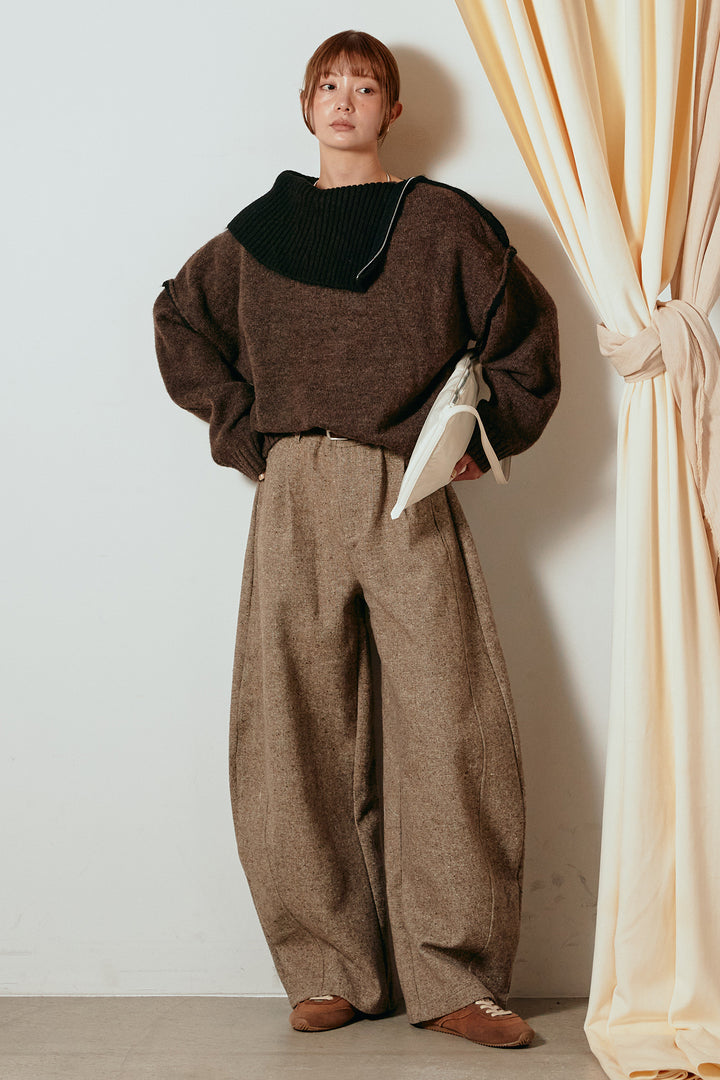 [SET]ハイネックジップデザインニットトップス+ベルト付きネップツイードカーブパンツ(2set)