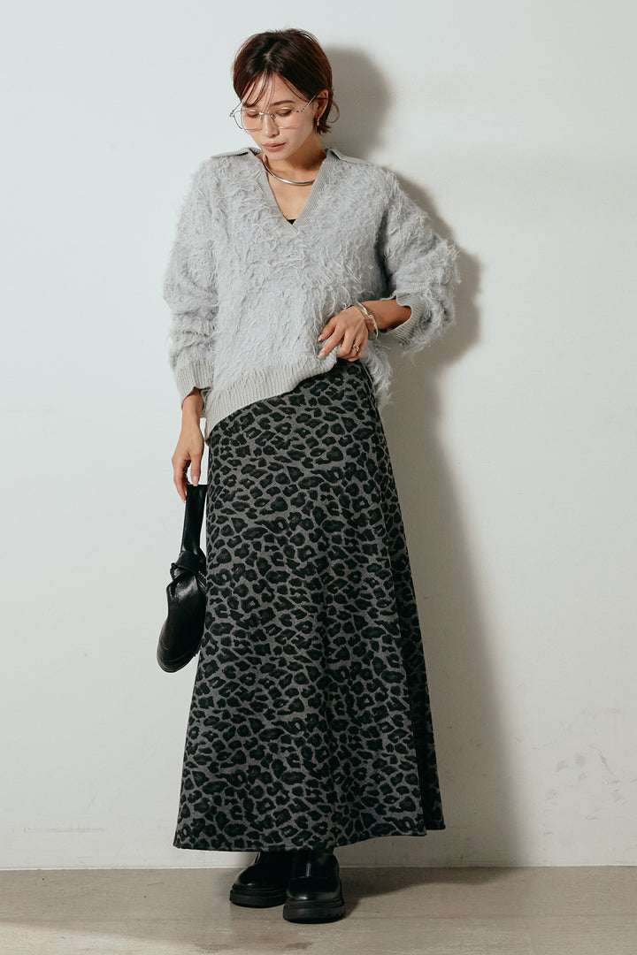 [SET]襟付きシャギーニットポロトップス+レオパードロングスカート(2set)