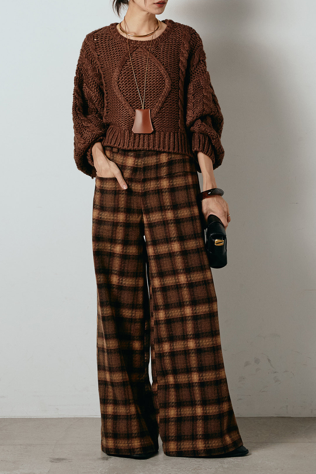 [SET]ロービングケーブルショート丈プルオーバー+ルーズタータンチェックワイドパンツ(2set)