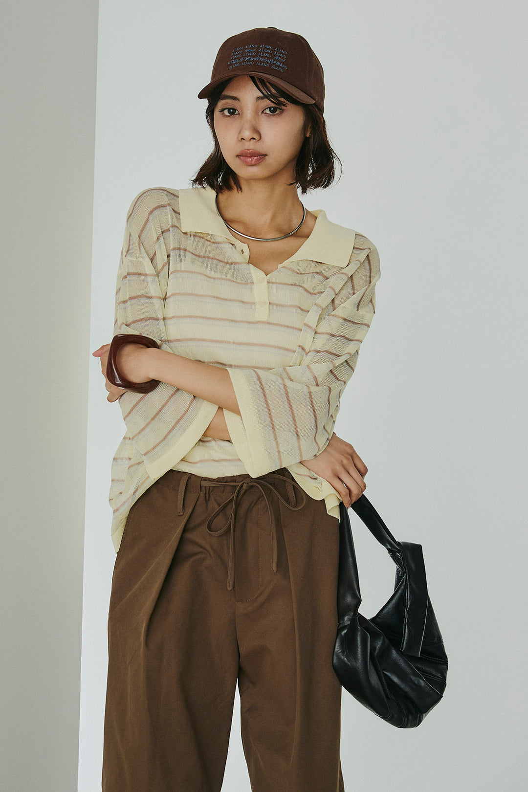 [SET]ボーダーニットポロシャツ+ニーサイドタックウエストドロスパンツ(2set)