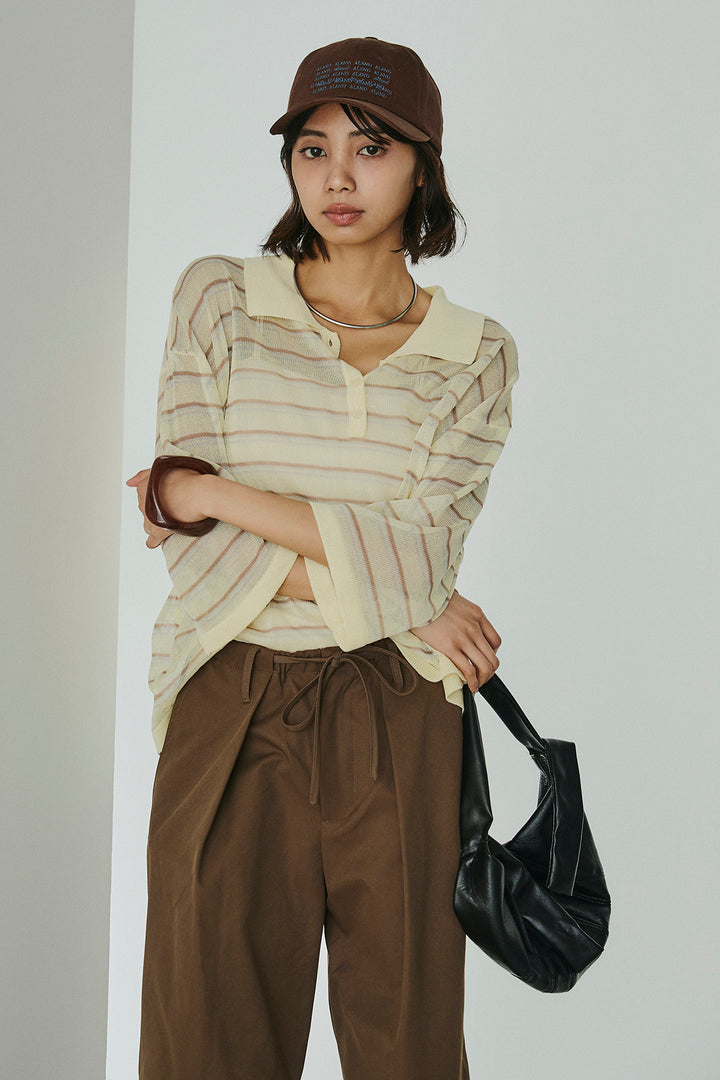 [SET]ボーダーニットポロシャツ+ニーサイドタックウエストドロスパンツ(2set)