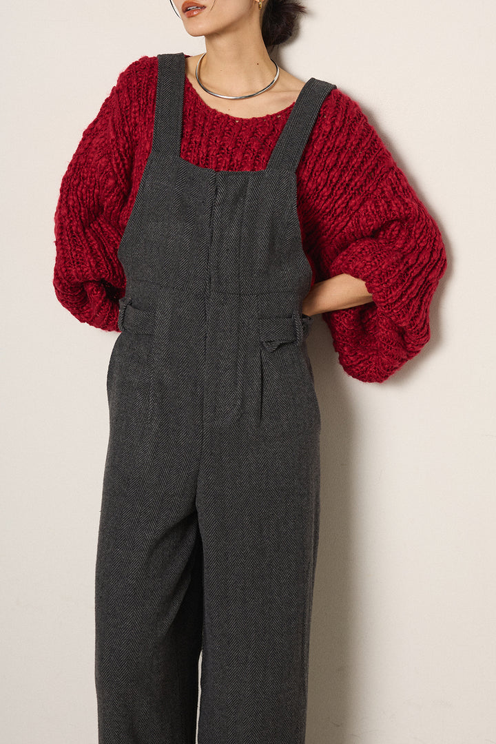 [SET]チャンキースラブニットクロップドプルオーバー+クラシックヘリンボーンサロペット(2set)