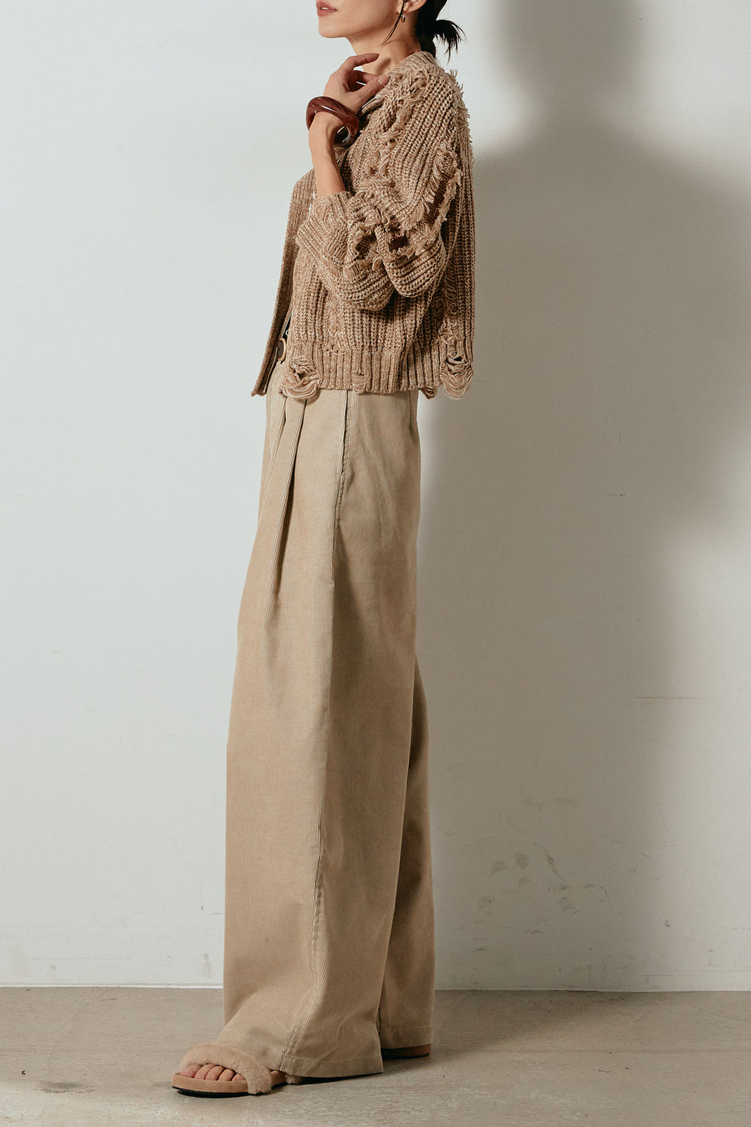 [SET]ハイネックフリンジジップニットトップス+フロントタック入りコーデュロイパンツ(2set)