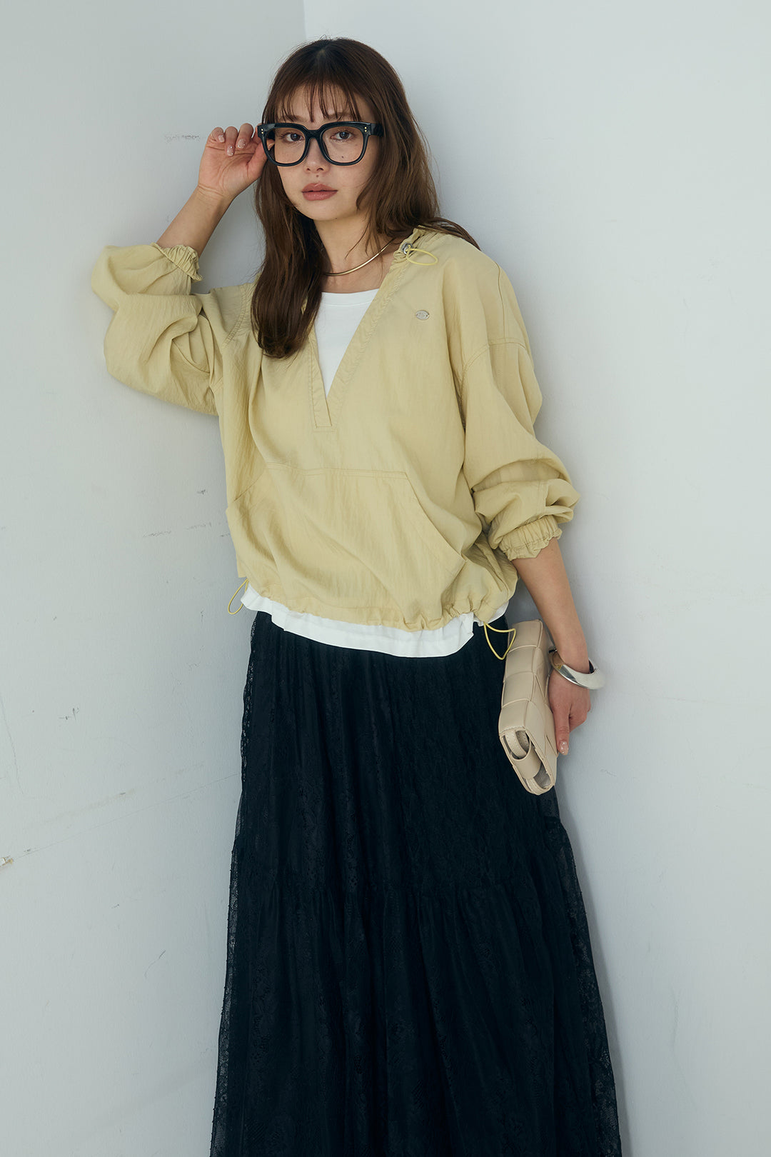 [SET]レイヤードデザインフーディートップス+ひげレース切替ロング丈スカート(2set)