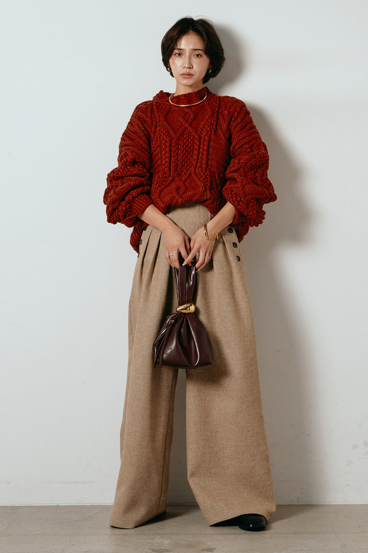 [SET]アラン柄ミックスケーブルニット+サイドボタンツイードタックパンツ(2set)