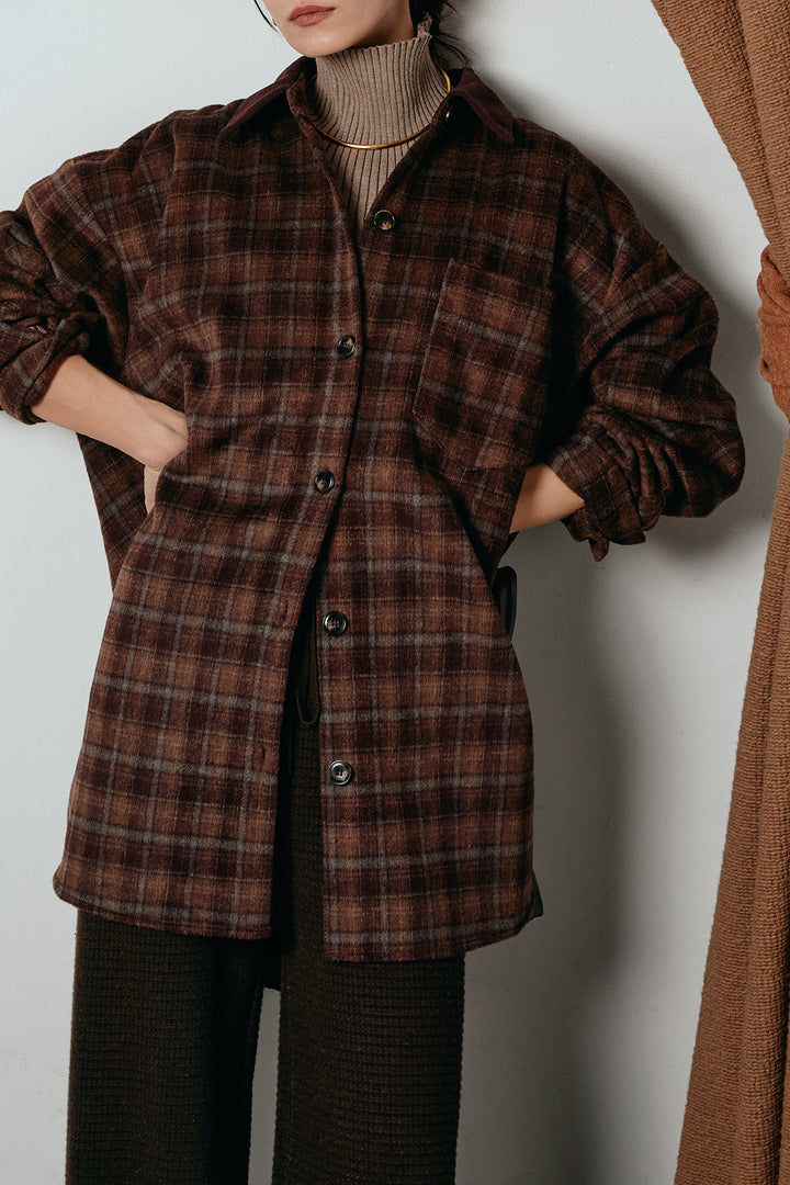 [SET]シャギーチェックシャツジャケット+ワイドリブニットイージーパンツ(2set)