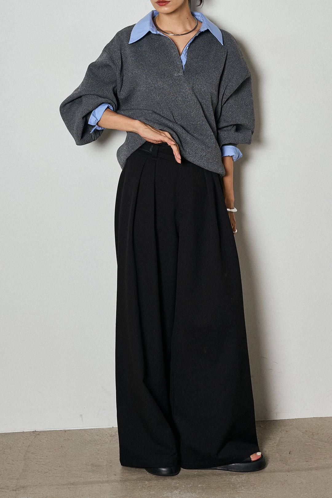 【即納】ウエストベルト付きタックワイドパンツ