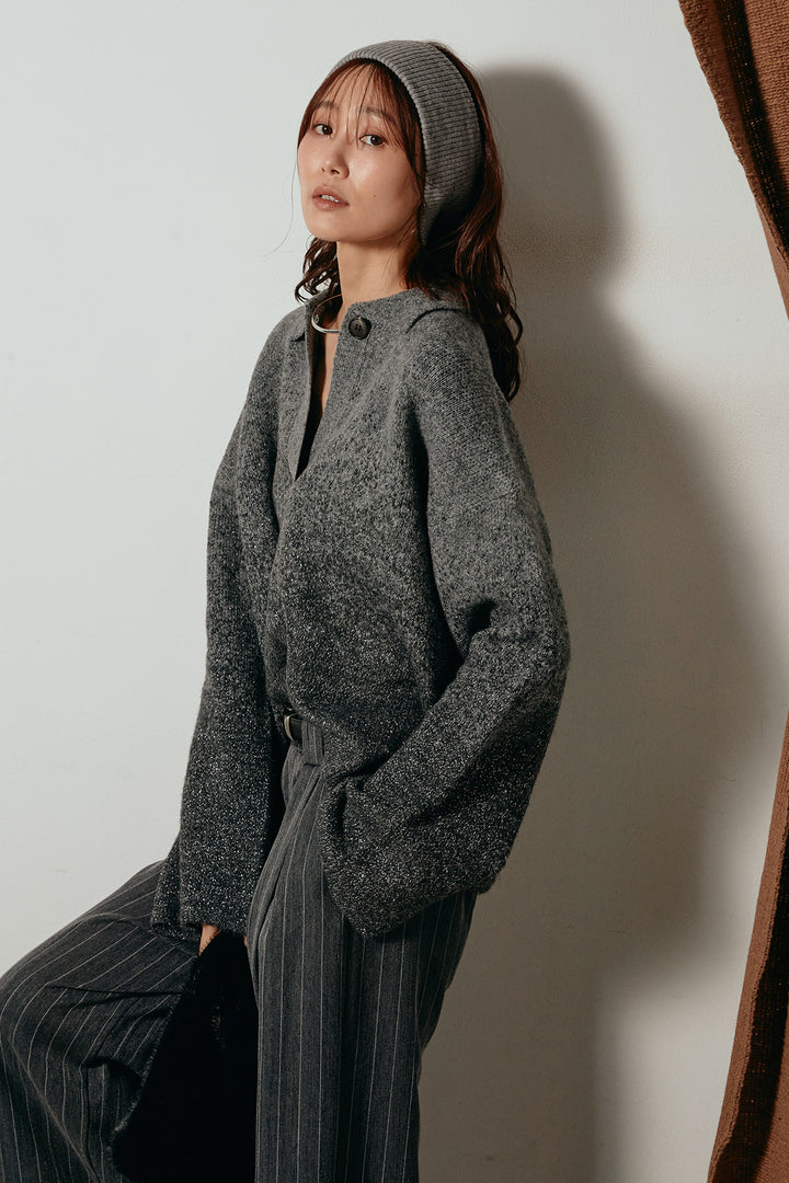 [SET]グラデーションラメニットキーネックプルオーバー+ストライプヘリンボーンパンツ(2set)