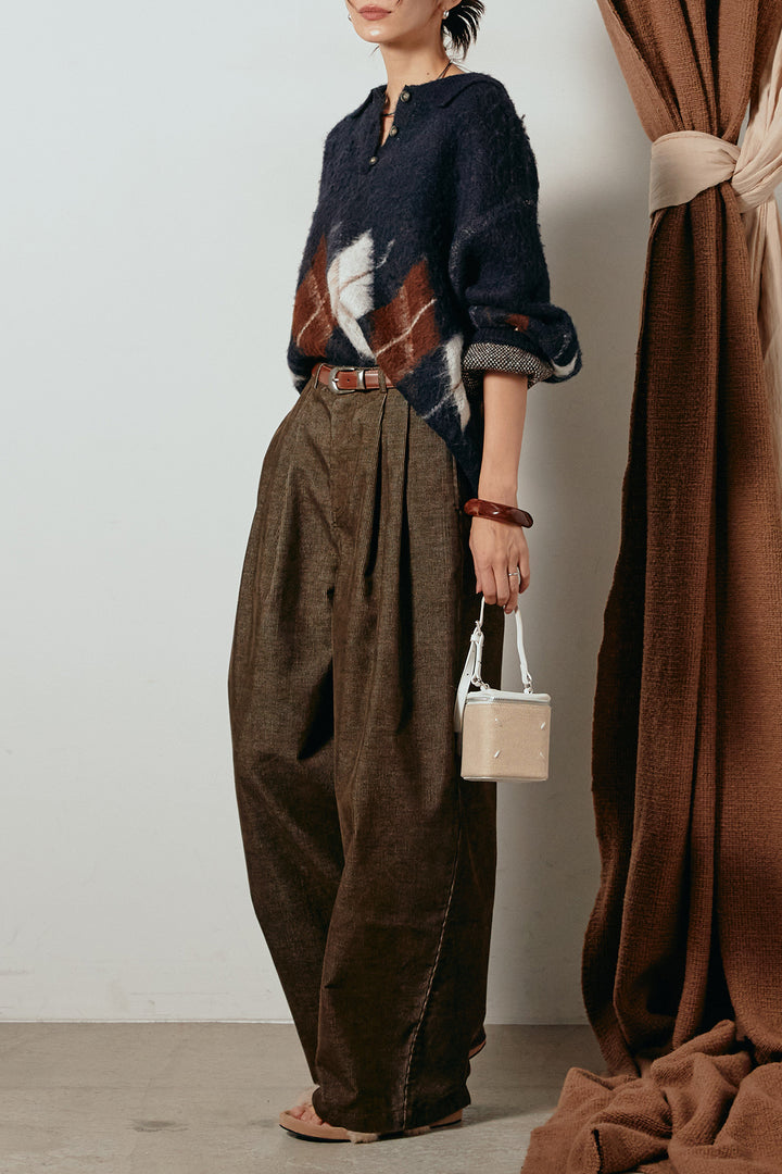 [SET]アーガイル柄ポロニットトップス+フロントタック入りコーデュロイパンツ(2set)