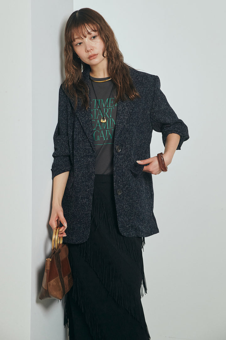 [SET]ミックスツイードベルト付きジャケット+斜めフリンジデザインスカート(2set)