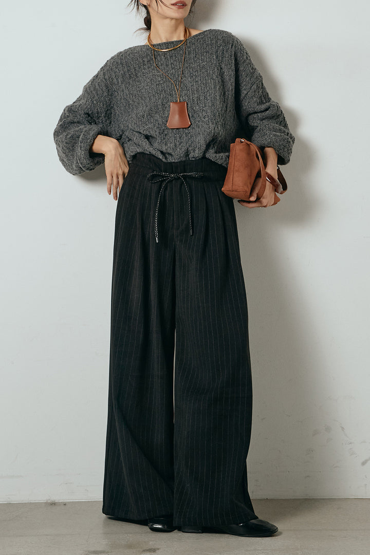 [SET]ボリューム編みニットプルオーバー+編みベルト付きピンストライプワイドパンツ(2set)