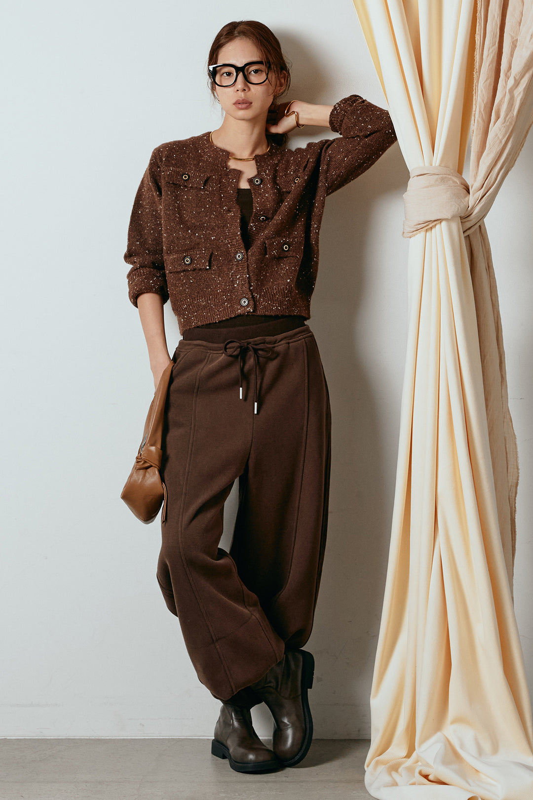 [SET]ネップニットカーディガン+スウェットワイドカーブパンツ(2set)