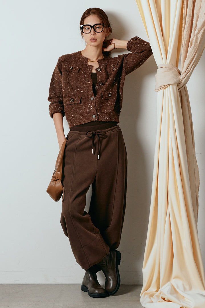 [SET]ネップニットカーディガン+スウェットワイドカーブパンツ(2set)