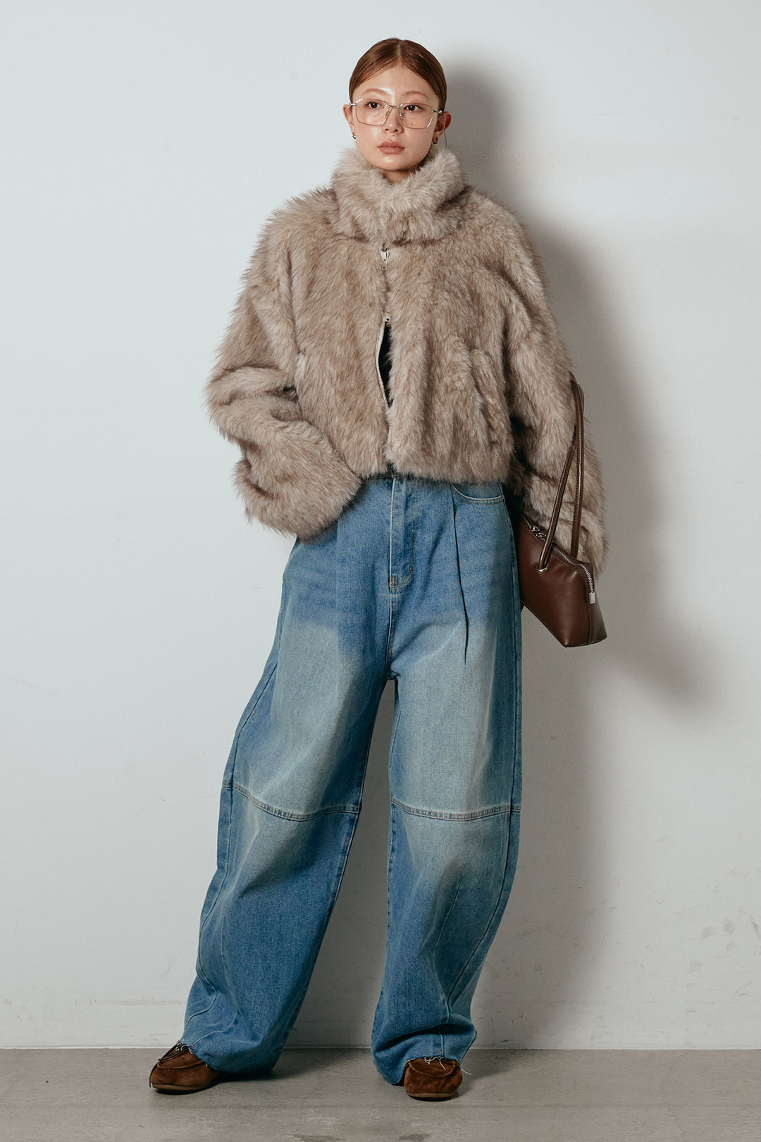 [SET]エコファーショート丈ブルゾン+加工デニムタックコクーンワイドパンツ(2set)