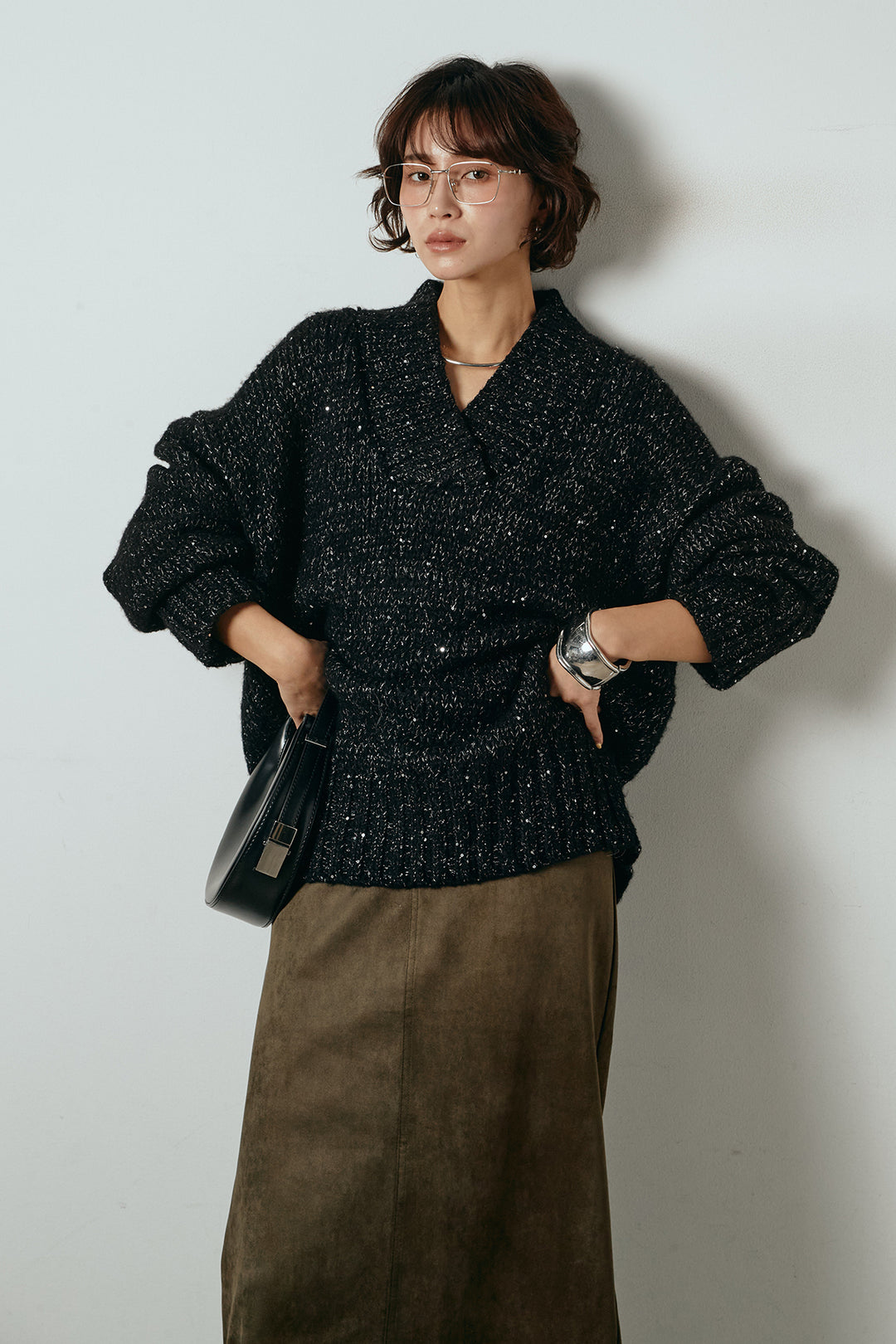 [SET]Vネックラメニットトップス+スウェードライク裾フリンジスカート(2set)