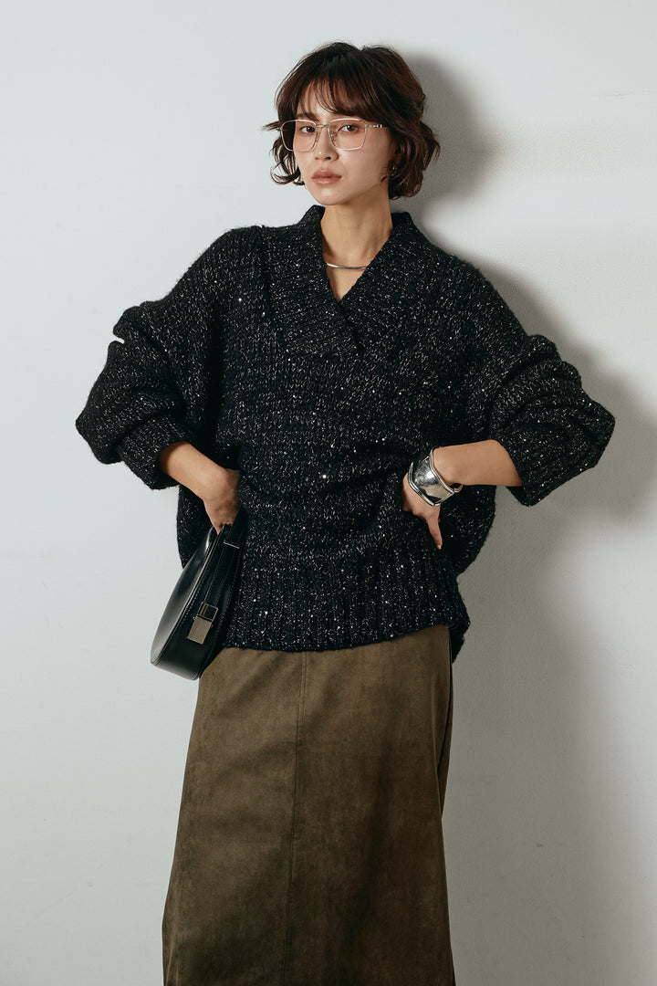 [SET]Vネックラメニットトップス+スウェードライク裾フリンジスカート(2set)