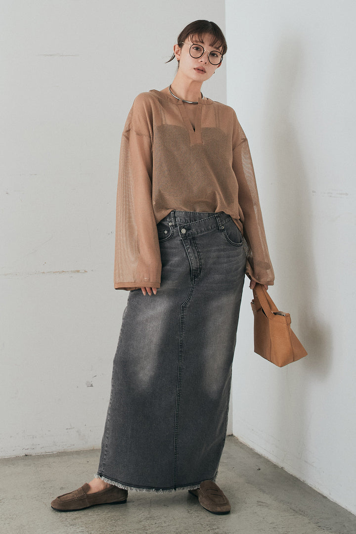 [SET]メッシュカットソースキッパープルオーバー+ウエストクロスデニムタイトスカート(2set)