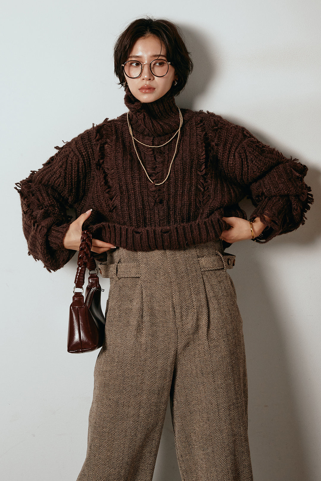 [SET]フリンジタートルショートニット+クラシックヘリンボーンサロペット(2set)