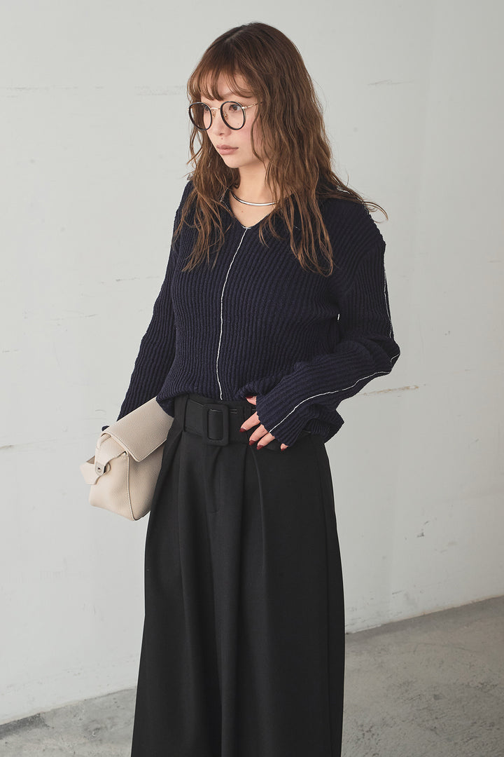 [SET]衿付きニットプルオーバー+ベルト付きツータックワイドパンツ(2set)