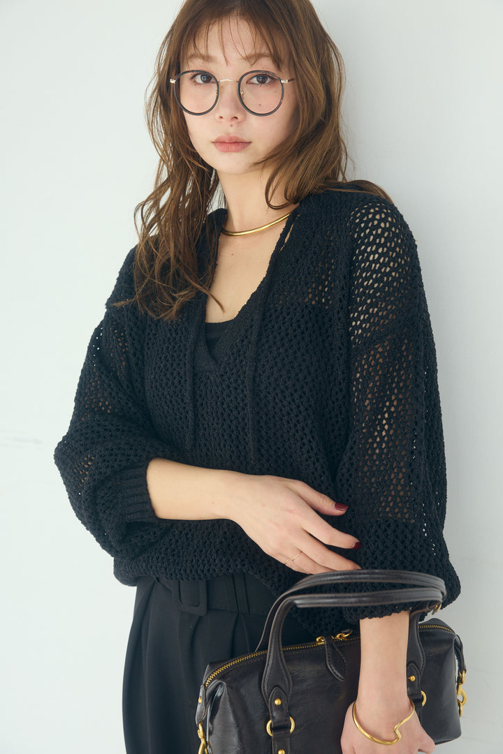 【即納】ミックスメッシュキーネックプルオーバー
