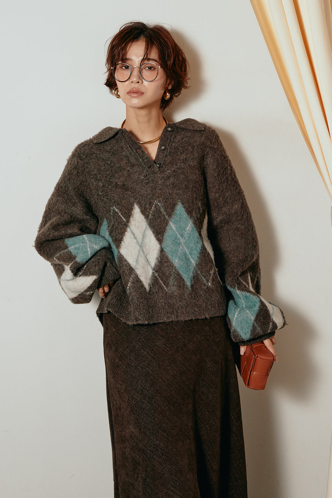 [SET]アーガイル柄ポロニットトップス+スウェードライクロングスカート(2set)