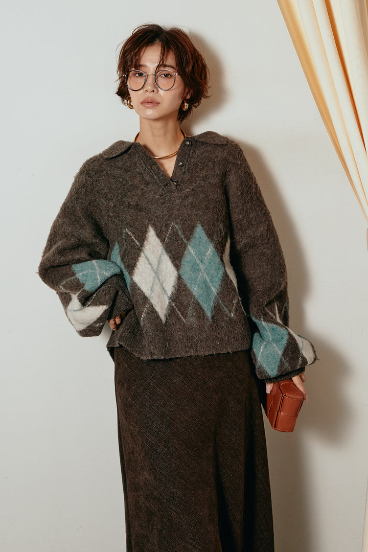 [SET]アーガイル柄ポロニットトップス+スウェードライクロングスカート(2set)