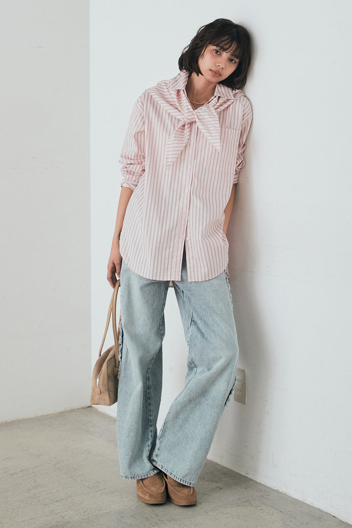 [SET]ランダムストライプスカーフ付きシャツ+デニムサイドフリルパンツ(2set)