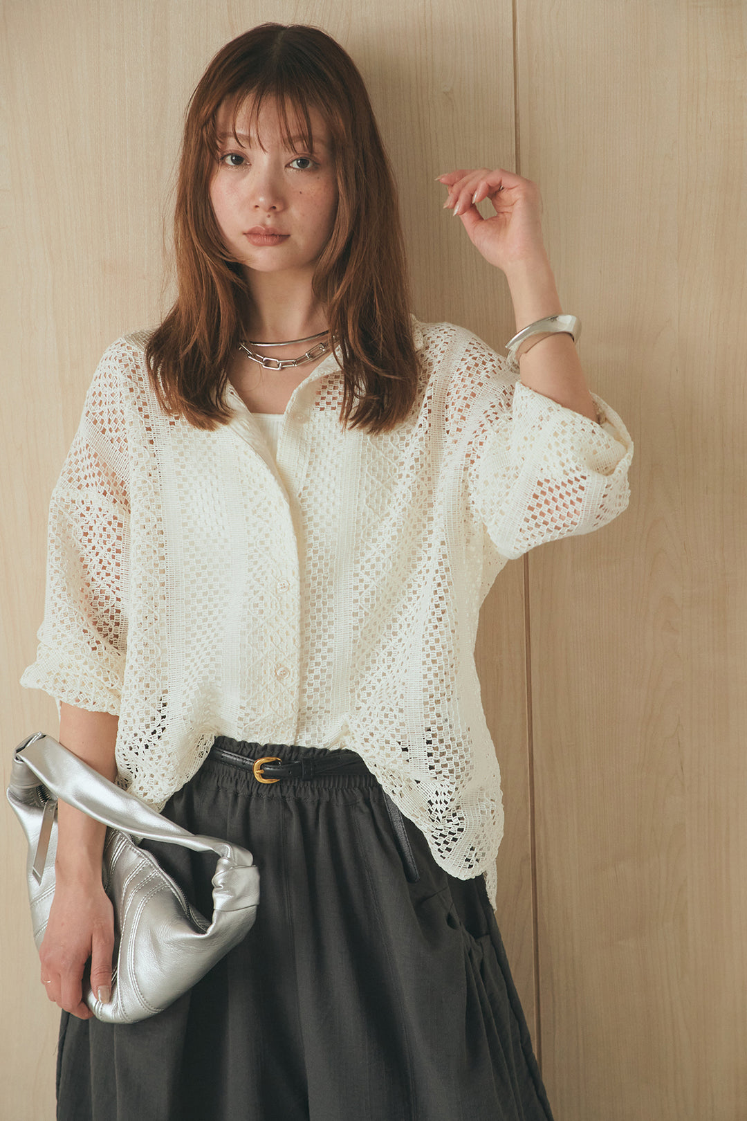 [SET]長袖襟付きレースシャツ+ポケットタックフォルムパンツ(2set)