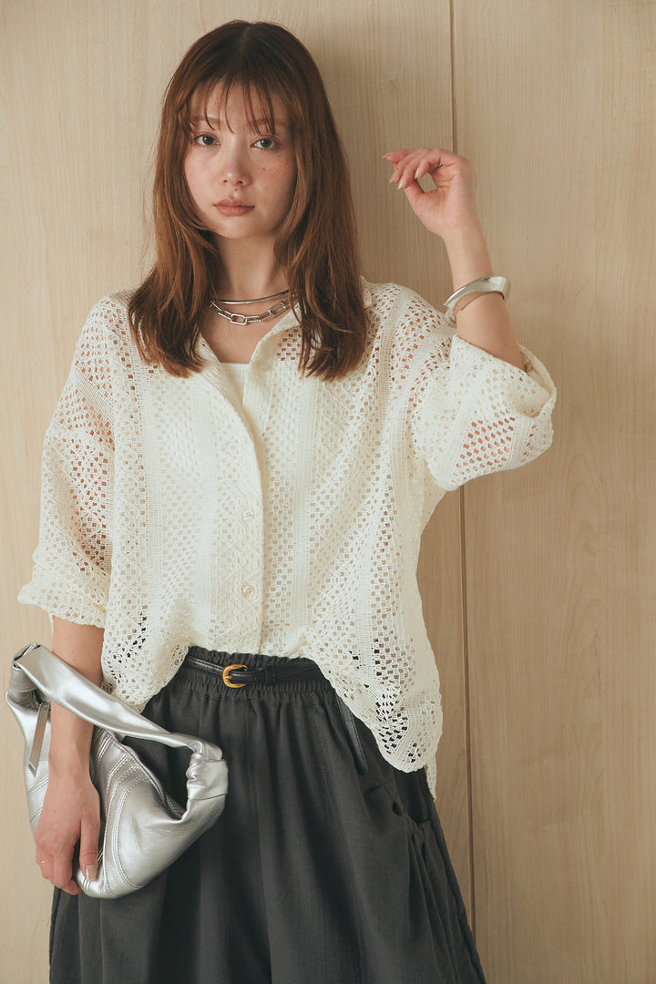 [SET]長袖襟付きレースシャツ+ポケットタックフォルムパンツ(2set)