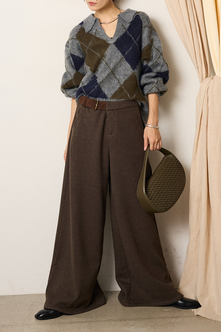 [SET]アクリルモヘアアーガイルキーネックプルオーバー+サイドベルトパンツ(2set)