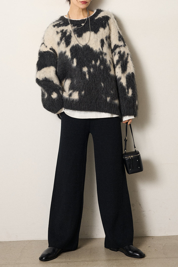 [SET]モヘアタッチマーブルニット+箔プリントBIGシルエットロングスリーブTシャツ+ワイドリブニットイージーパンツ(3set)