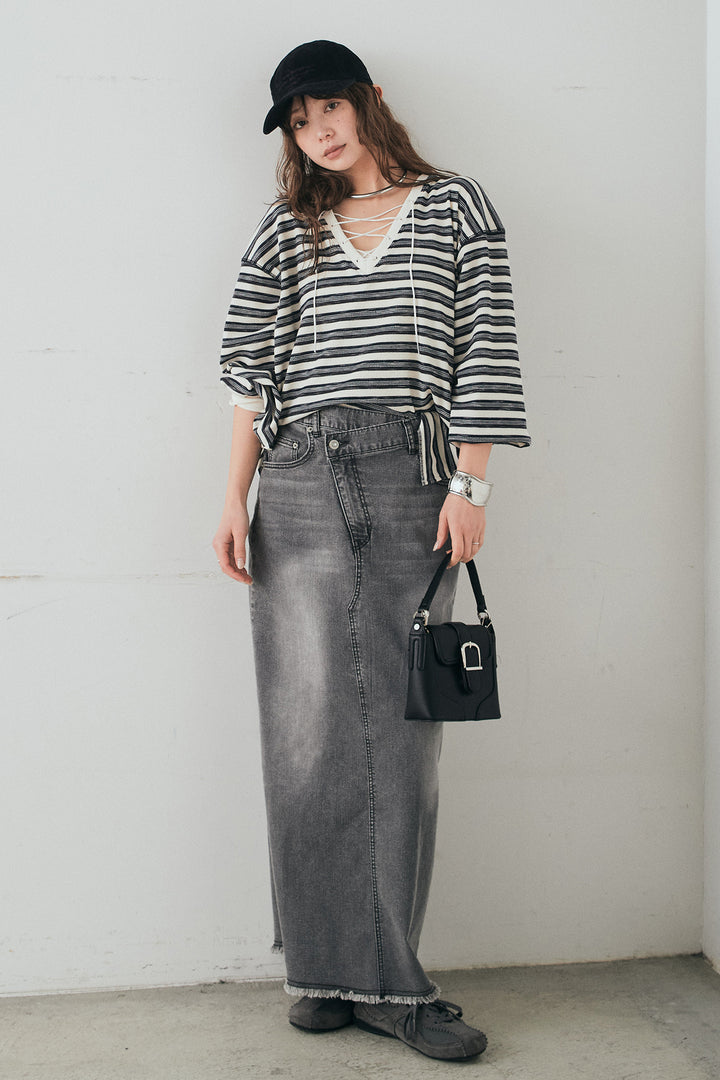 [SET]レースアップワッフルボーダートップス+ウエストクロスデニムタイトスカート(2set)