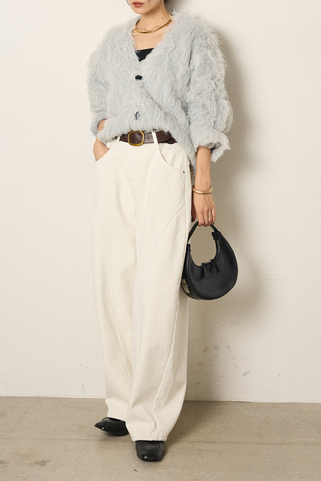 [SET]起毛シャギーニットカーディガン+ベルト付きカジュアルカーブワイドパンツ(2set)