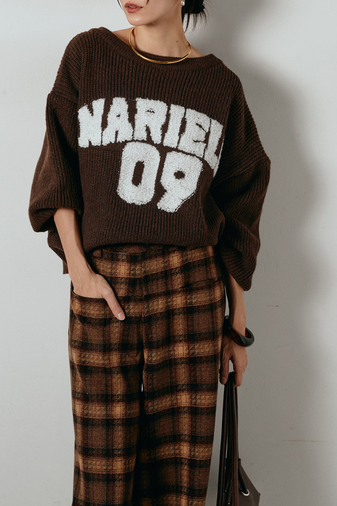 [SET]ロゴジャガードニットトップス+ルーズタータンチェックワイドパンツ(2set)