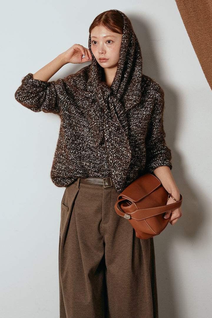 [SET]スカーフ付きミックスニットトップス+細ベルト付き起毛タックワイドパンツ(2set)