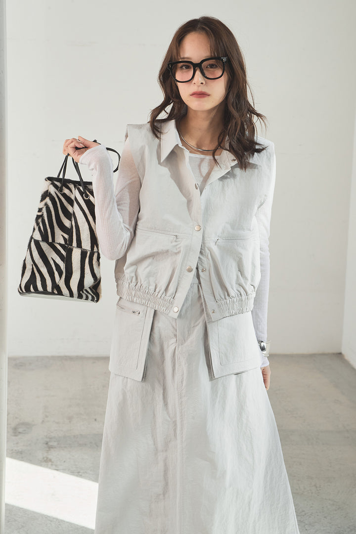 [SET]襟付きナイロンベスト+サイドデザインナイロンスカート(2set)