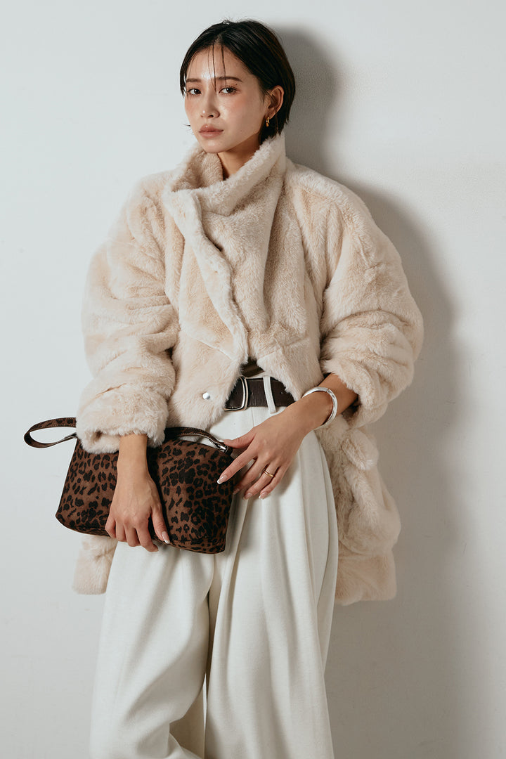 [SET]スタンドネックファーコート+フェイクレザー太ベルト付きタックワイドパンツ(2set)