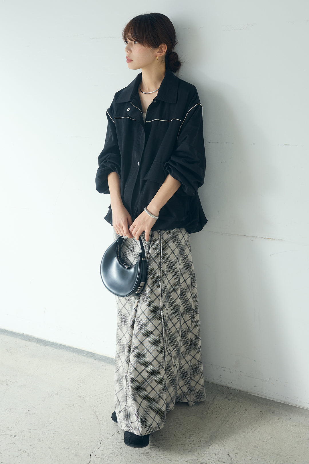 [SET]合繊ツイルバルーンジャケット+タータンチェック柄フロントデザインスカート(2set)