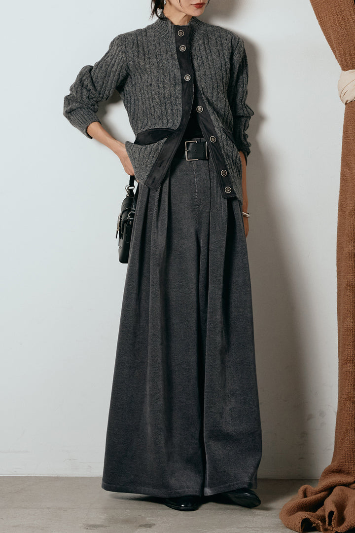 [SET]ボトルネックケーブルニットカーディガン+ベルトループコーデュロイワイドパンツ(2set)