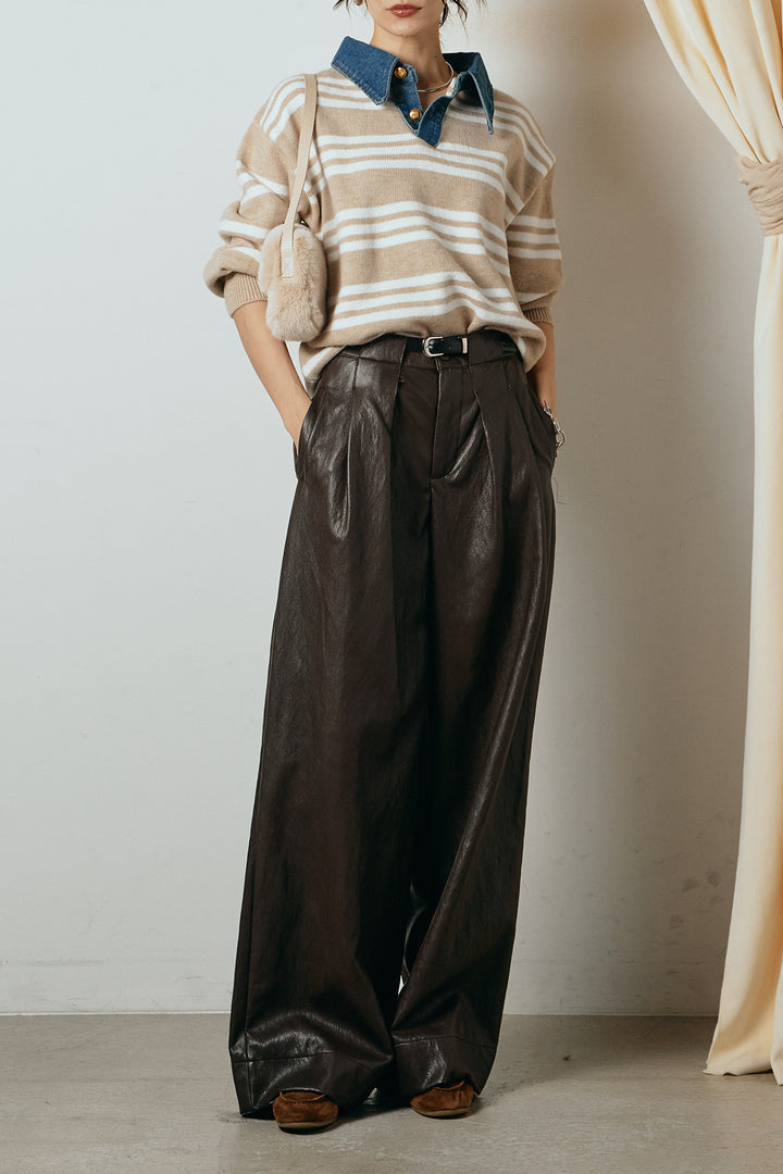 [SET]デニムレイヤード風ランダムボーダーニットプルオーバー+ベルト付きレザーライクタックパンツ(2set)