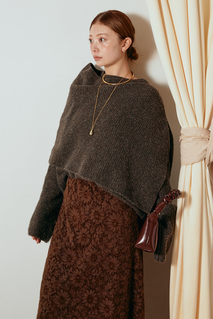 [SET]ケープデザインリブニットトップス+花柄刺繍ベロアフレアスカート(2set)