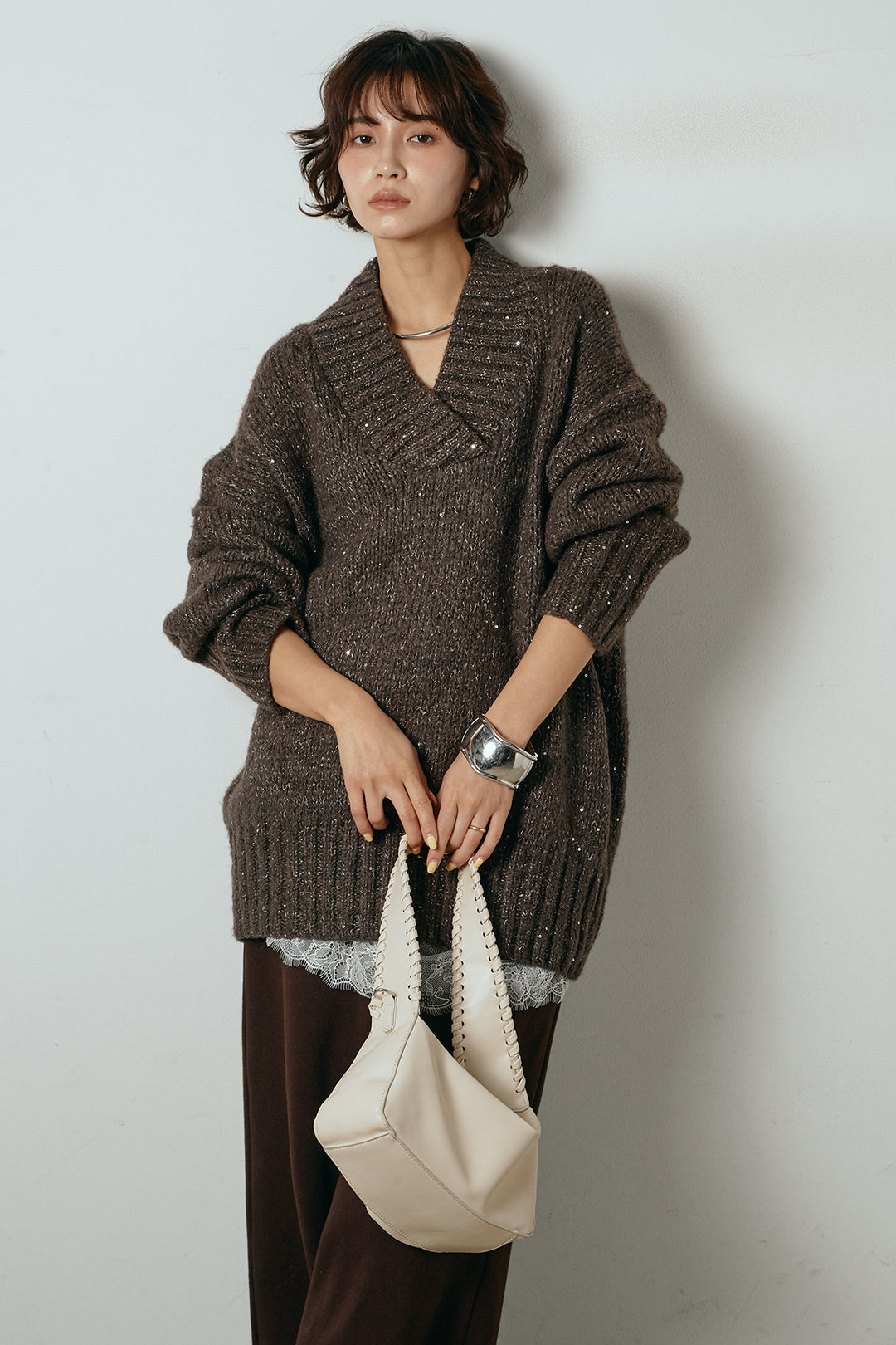 [SET]Vネックラメニットトップス+裏起毛スウェットワイドパンツ(2set)