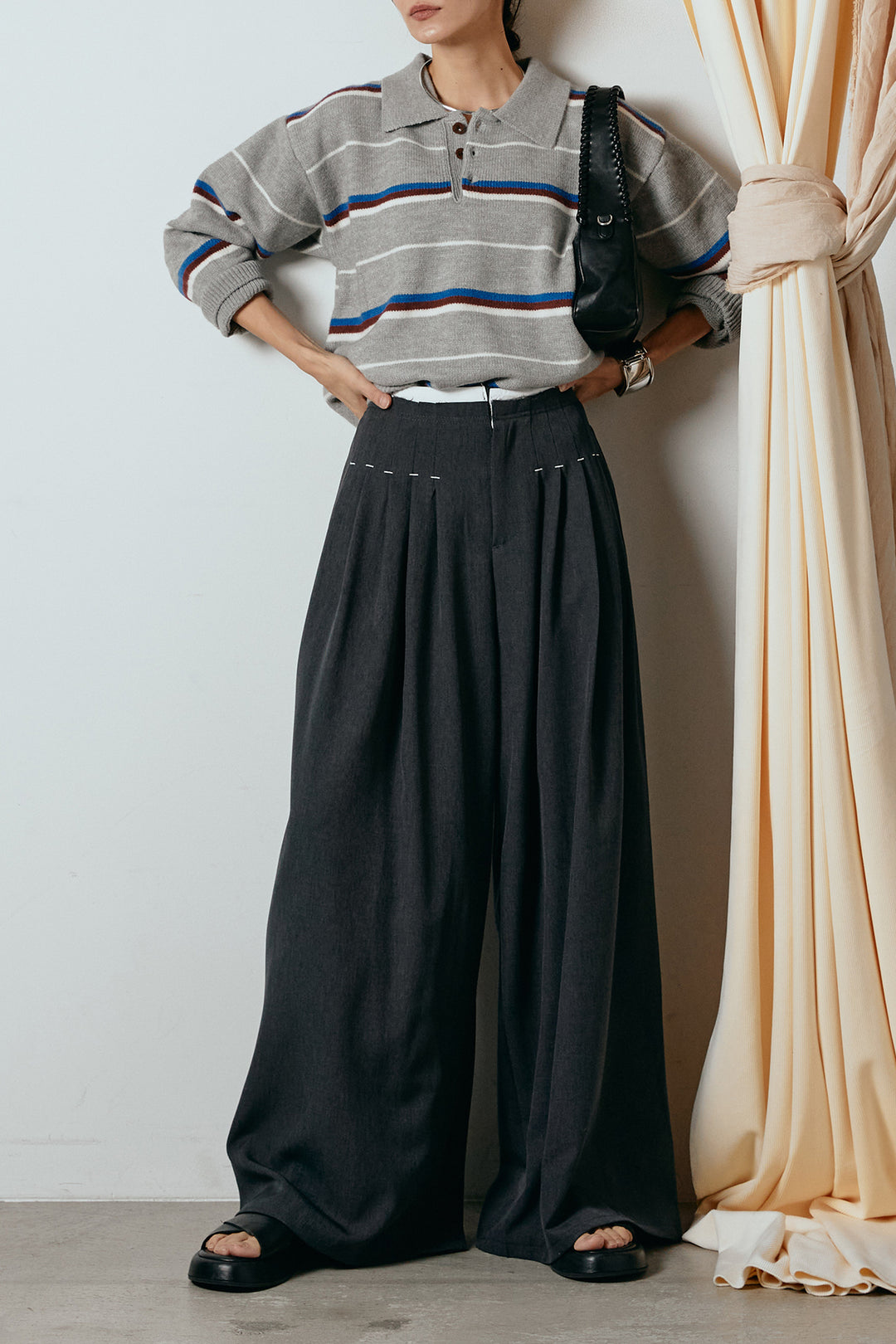 [SET]襟付きマルチボーダーニットポロトップス+ウエストステッチデザインワイドスラックス(2set)
