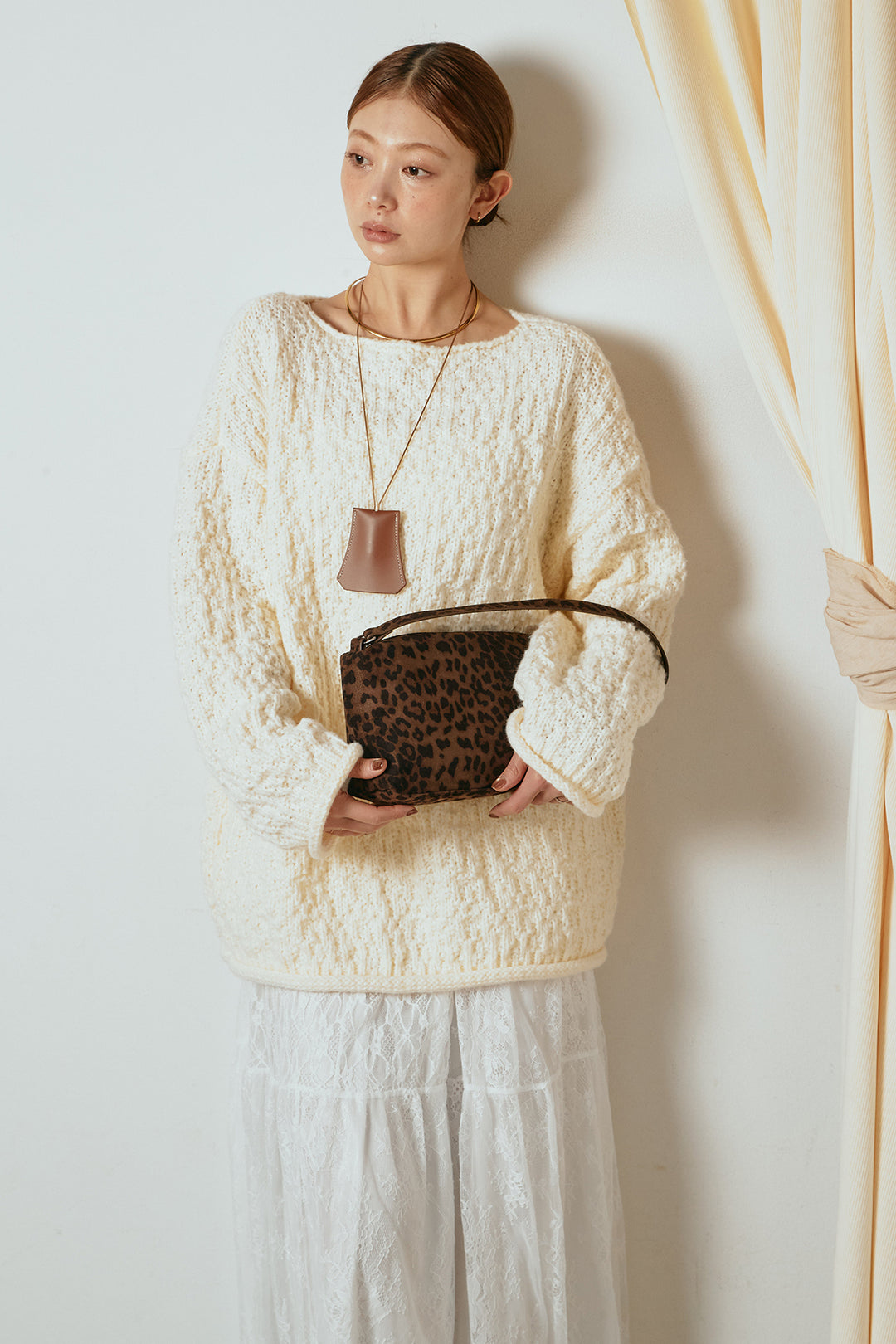 [SET]ボリューム編みニットプルオーバー+ひげレース切替ロング丈スカート(2set)