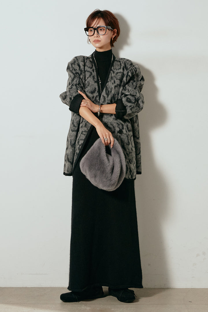 [SET]ノーカラーレオパード柄アウター+ノースリーブニットロングワンピース(2set)