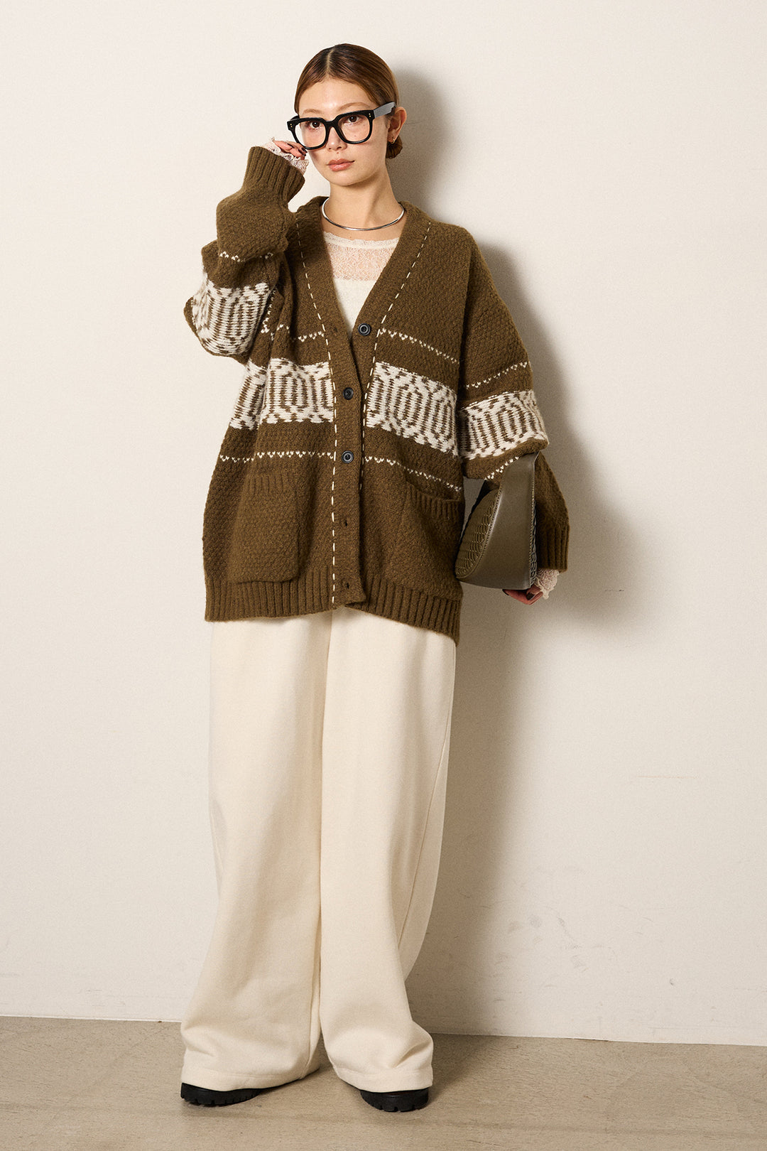 [SET]ライン柄ステッチニットカーディガン+2WAY袖コード刺繍クルーネックプルオーバー(2set)