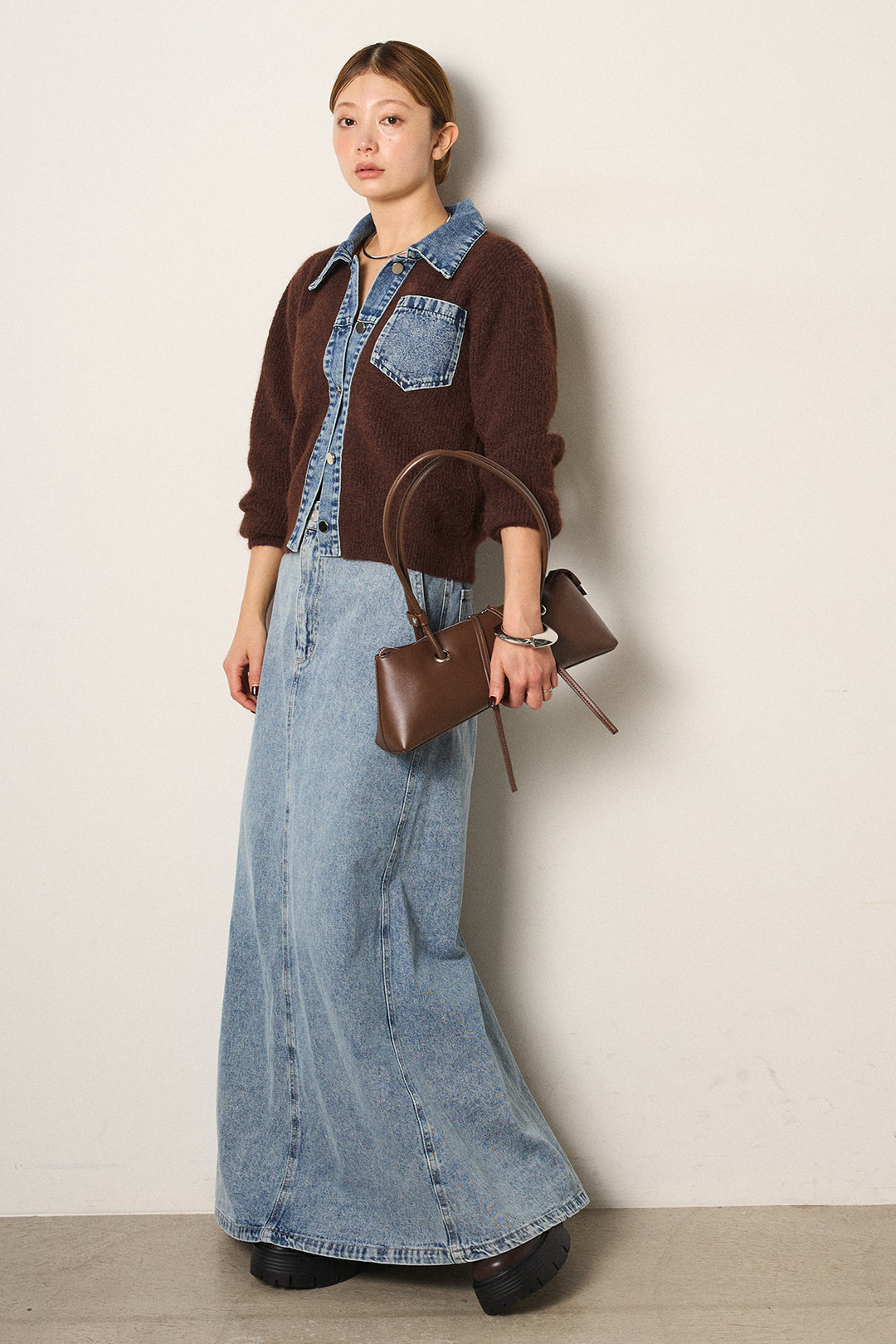 [SET]襟付きデニム切替ニットカーディガン+デニムロングフレアスカート(2set)