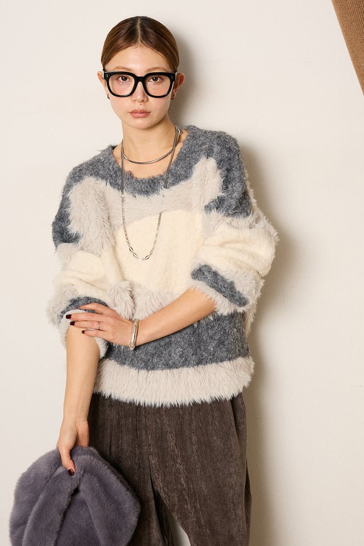 [SET]シャギーウェーブ柄クルーネックニットトップス+かすれデザインワイドパンツ(2set)