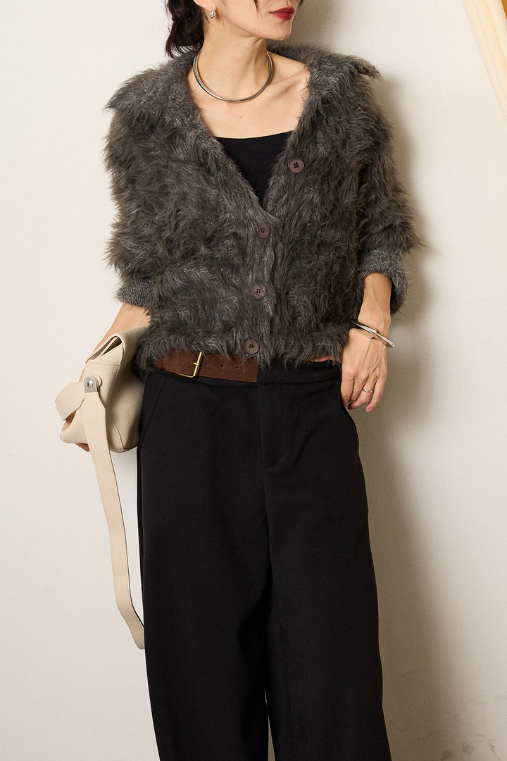 [SET]襟付きシャギーニットカーディガン+サイドベルトパンツ(2set)